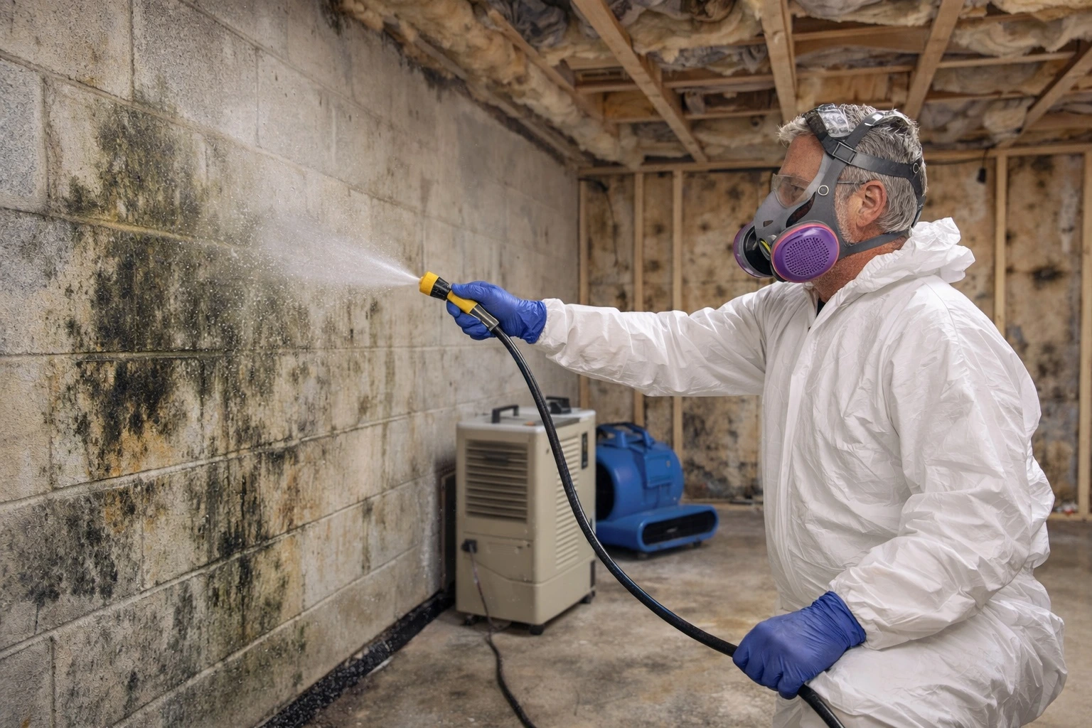 Mold remediation specialist in protective gear treating mold on basement concrete walls with dehumidifier and air drying equipment in a residential setting