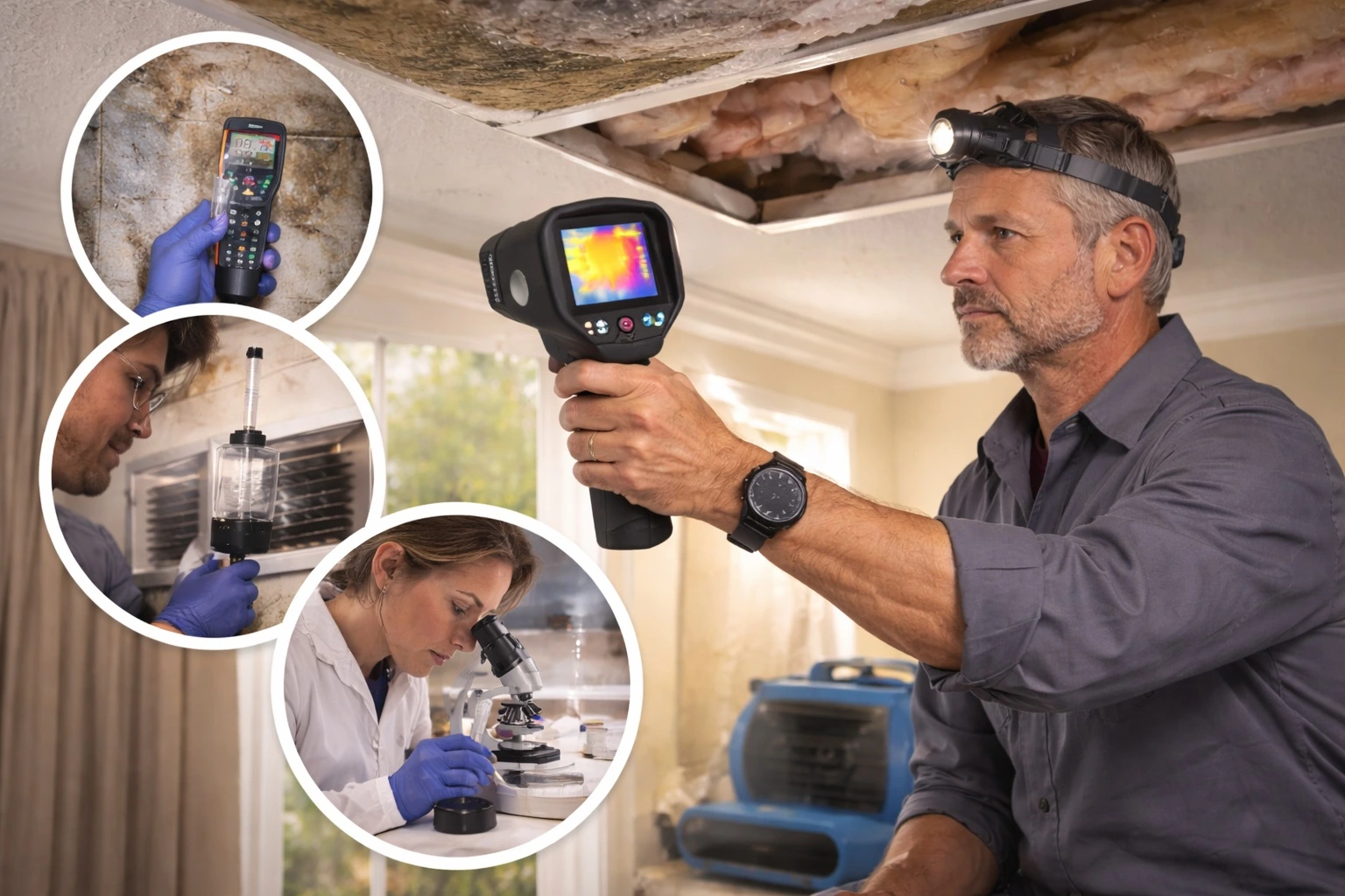 Inspector using thermal imaging camera to detect hidden moisture in ceiling with additional views of moisture meter testing, air sampling, and lab analysis