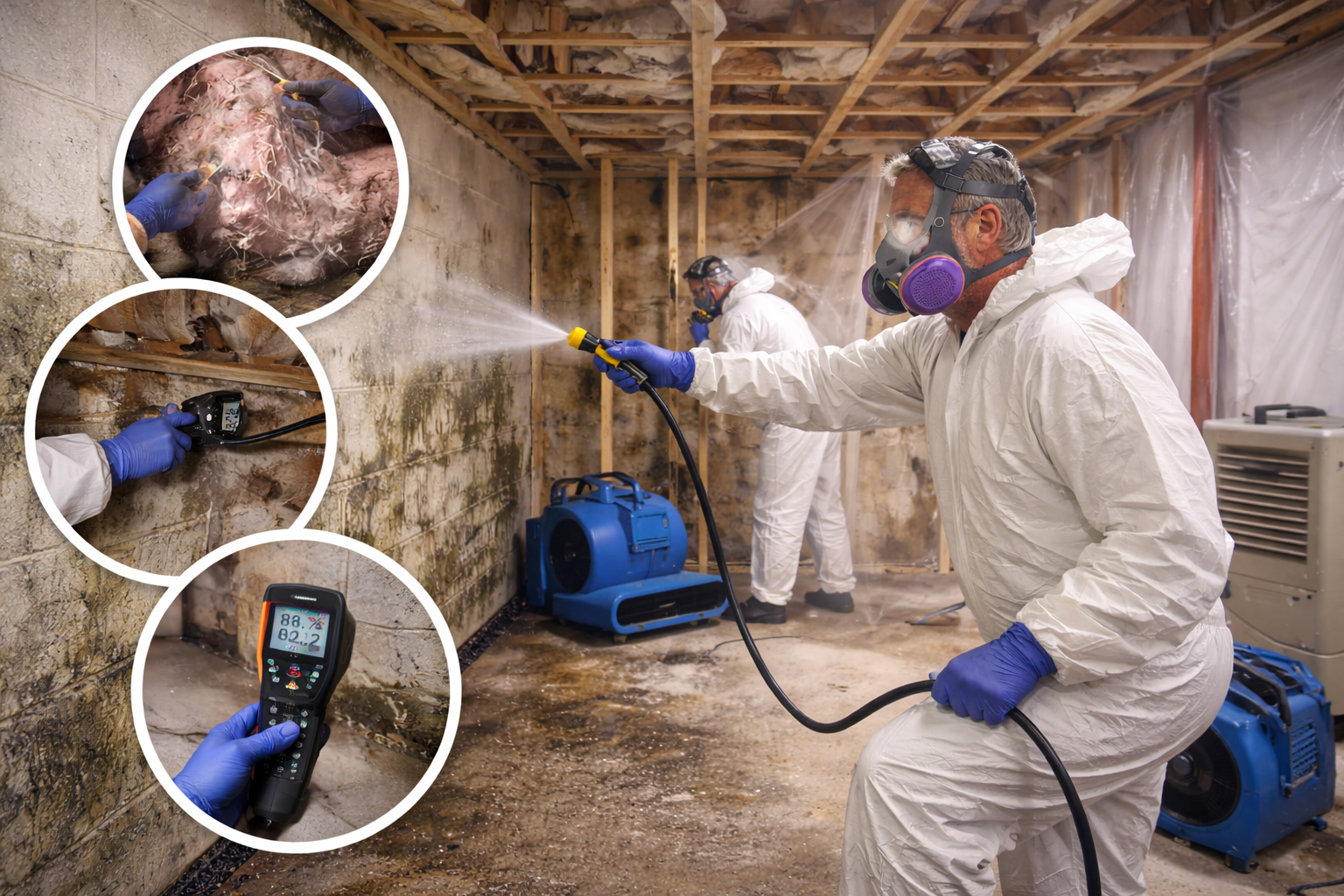Basement mold remediation process showing technicians in protective gear treating mold on concrete walls with drying equipment and moisture monitoring tools