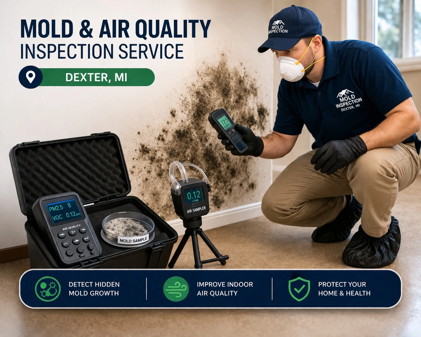 Mold and air quality inspection in Dexter showing technician testing indoor air and detecting mold growth on interior wall