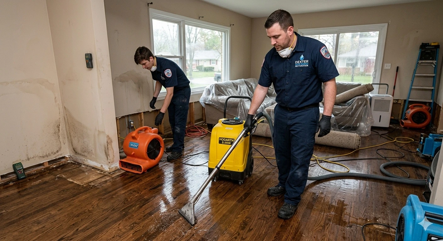 Professional water damage restoration technicians using industrial extraction equipment on a flooded hardwood floor in a residential home in Dexter.
