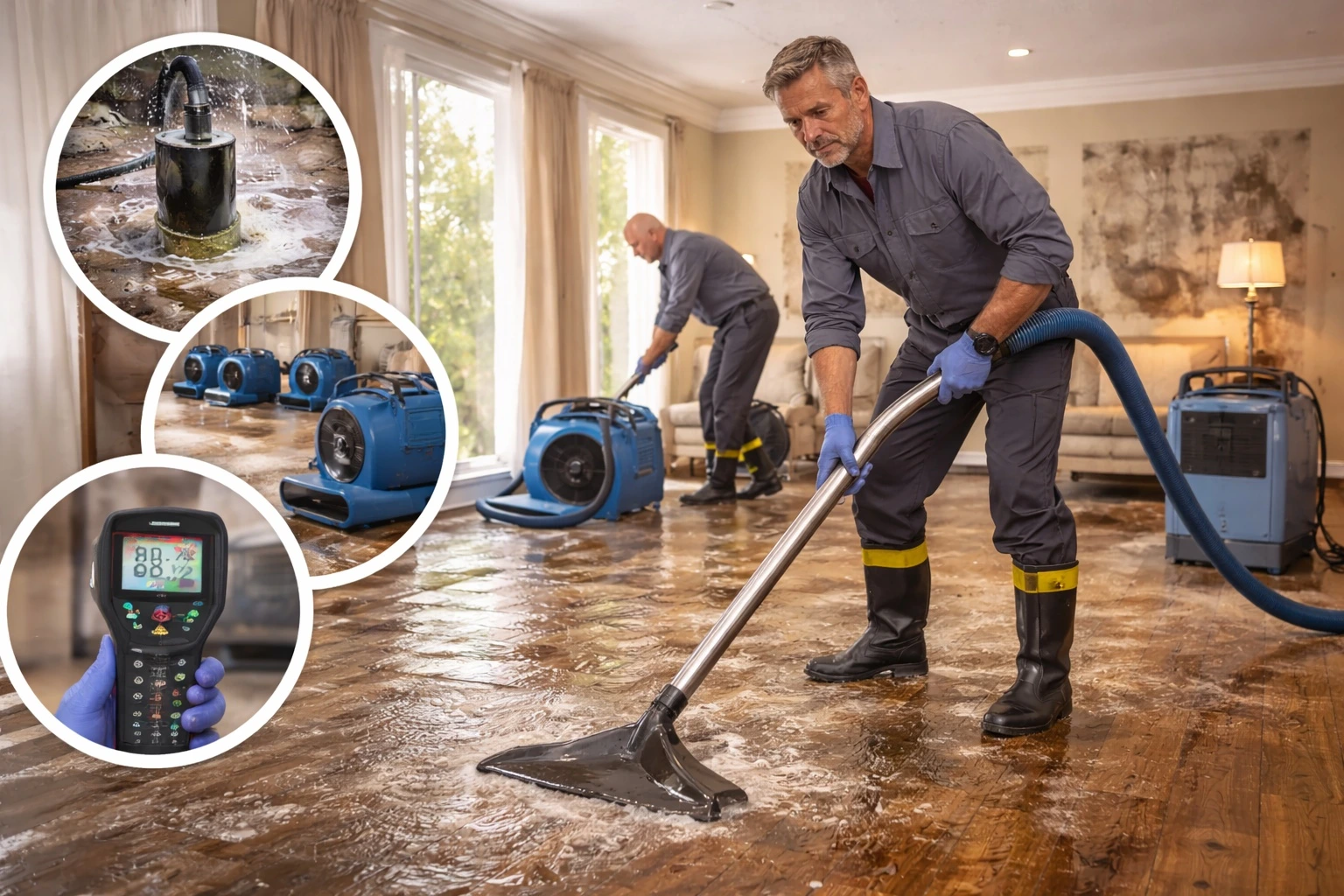 Water damage restoration technicians extracting water from a flooded floor using industrial equipment with air movers and dehumidifiers in a residential living room