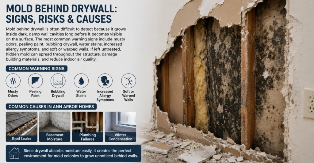 Severe hidden mold growth exposed behind damaged drywall inside a moisture-damaged residential wall