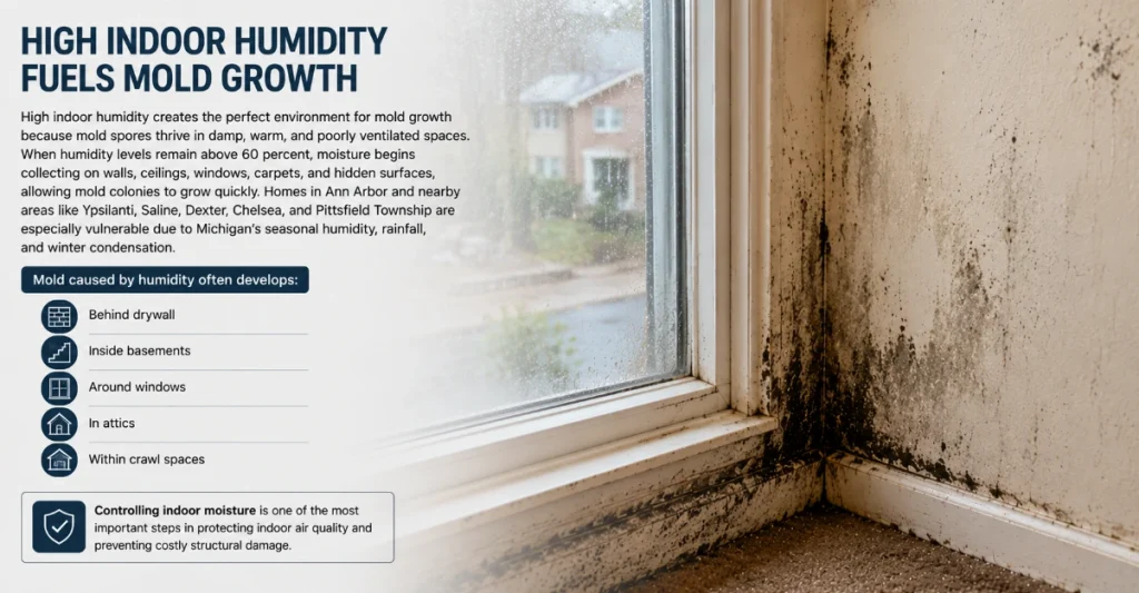 Condensation-covered residential window with visible black mold growth caused by high indoor humidity and moisture buildup
