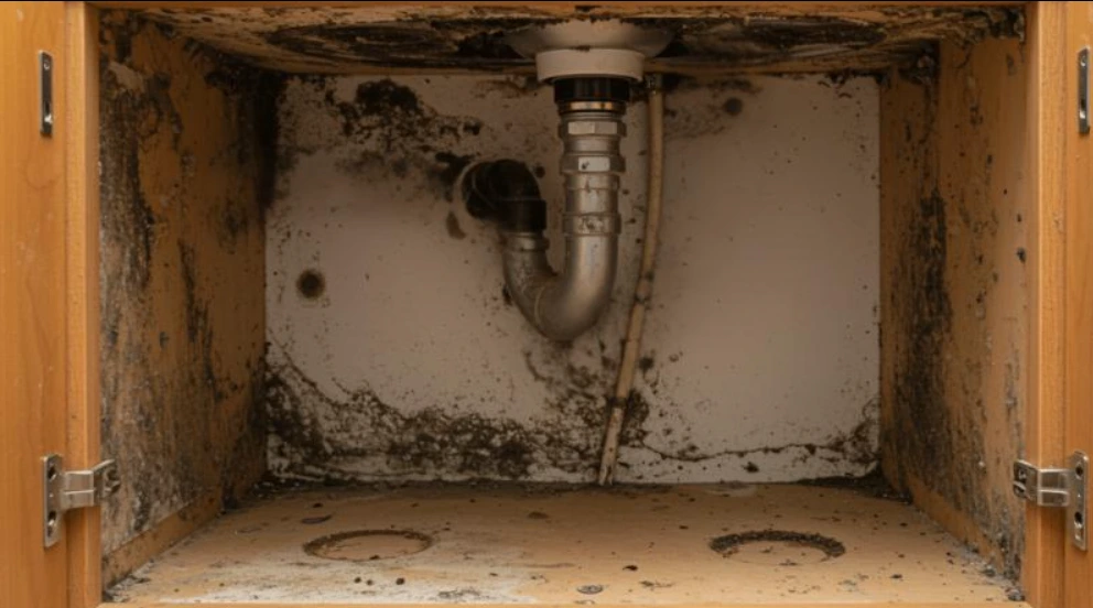 Kitchen sink cabinet with visible mold growth and moisture damage caused by hidden plumbing leaks