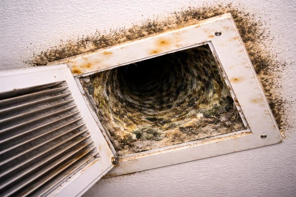 Residential air vent with visible mold growth, dust buildup, and condensation indicating hidden HVAC duct contamination