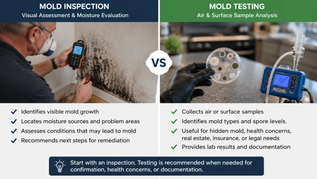 Split-screen comparison showing a professional mold inspection and mold testing process inside a residential property