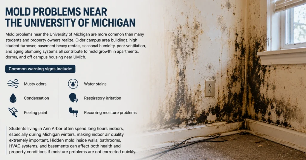 Mold-contaminated apartment wall near the University of Michigan showing water stains, peeling paint, and severe moisture damage