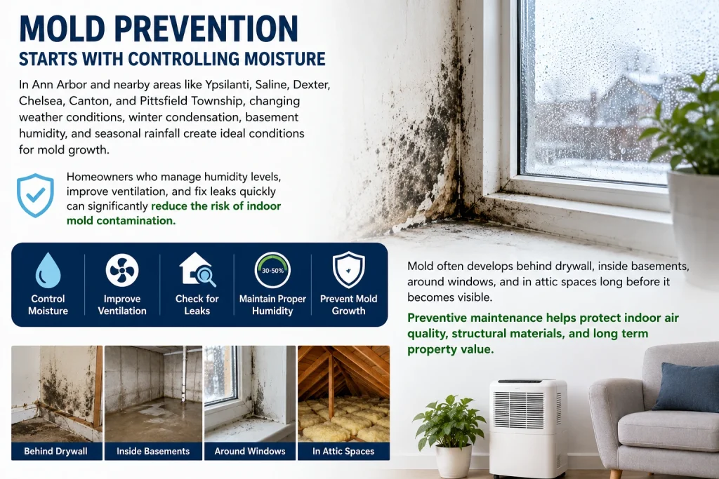 Educational mold prevention infographic showing condensation and black mold around a home window, basement moisture, attic insulation, and indoor humidity control methods.