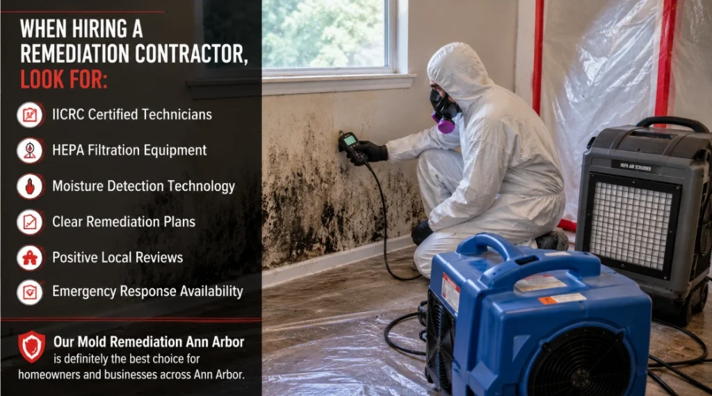Professional mold remediation technician using moisture detection equipment and HEPA air filtration during residential mold cleanup