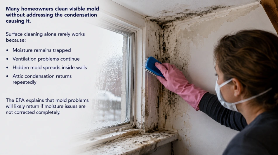 Homeowner cleaning black mold around a condensation-covered window while hidden moisture damage and peeling walls remain visible inside an older home.