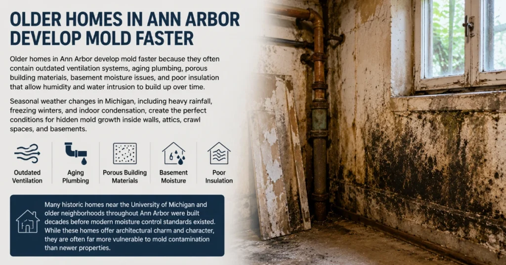 Old Ann Arbor home basement with visible mold growth, aging plumbing, water damage, and poor ventilation conditions