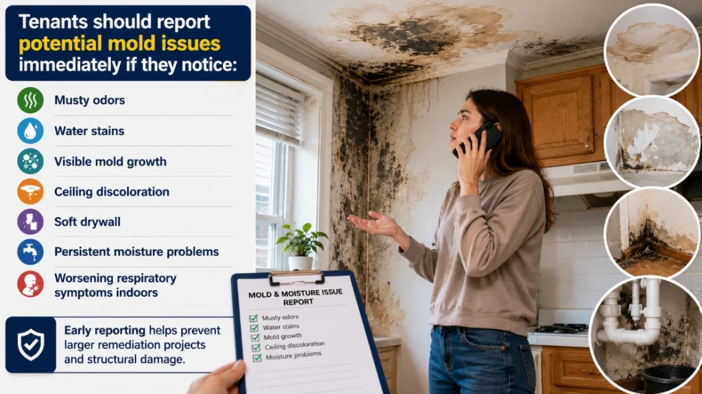 Tenant reporting severe mold and water damage in an apartment kitchen with visible ceiling stains, wall mold, and moisture-damaged surfaces